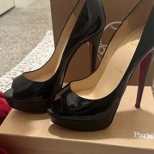 Christian Louboutin Glossy Black Peep-Toe Heels Lady Peep